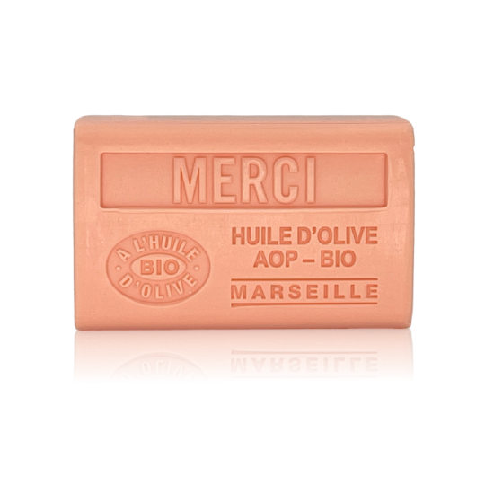 Label Provence Nature Merci Zeep 125g, rechthoekig, zachte bloemige geur, 100% plantaardig en vegan.