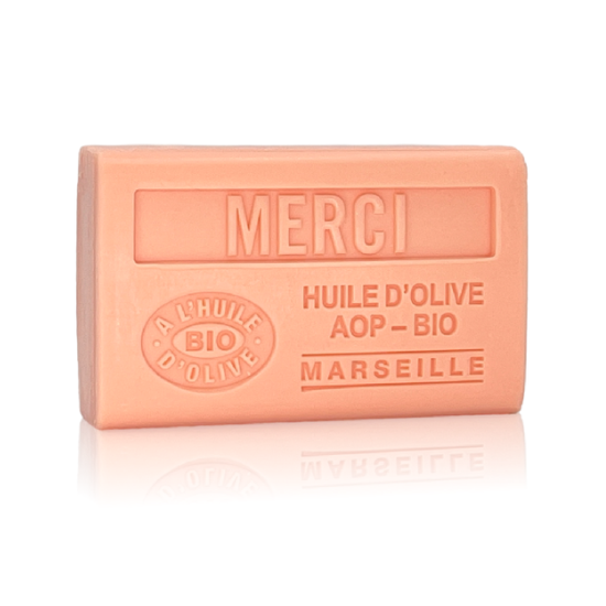 Label Provence Nature Merci Zeep 125g, rechthoekig, zachte bloemige geur, 100% plantaardig en vegan.