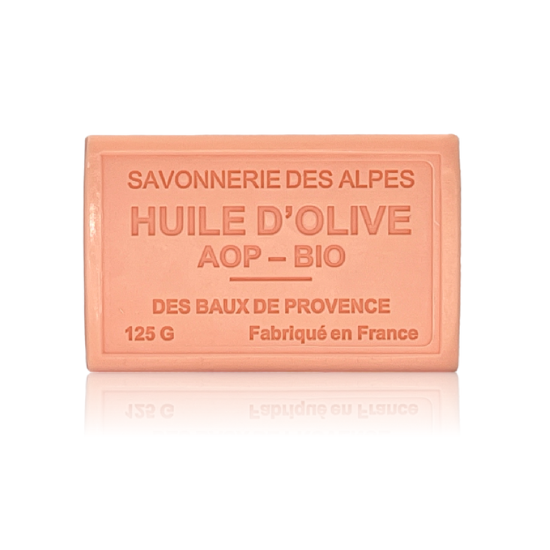 Label Provence Nature Merci Zeep 125g, rechthoekig, zachte bloemige geur, 100% plantaardig en vegan.