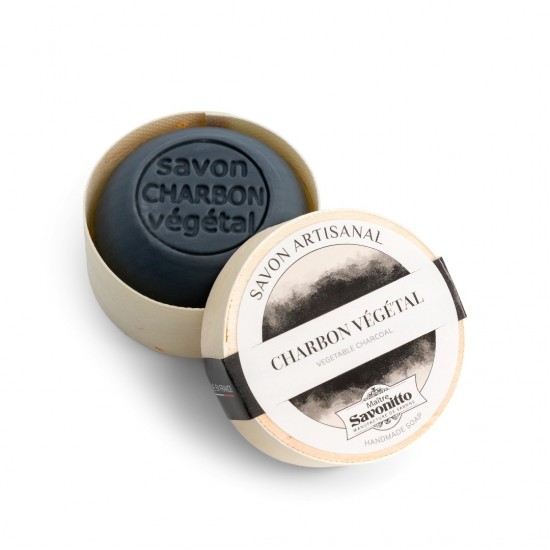 Plantaardige houtskool zeep in houten doos