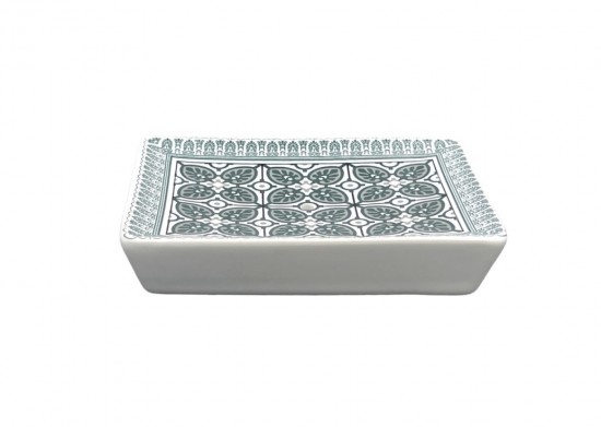 Keramieken zeepbakje – Groen bladmotief & friezenrand