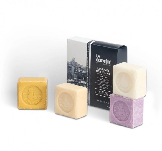 Set van 4 Marseille zepen Les Pavés Marseillais met lavendel, honing, kamperfoelie en amandel