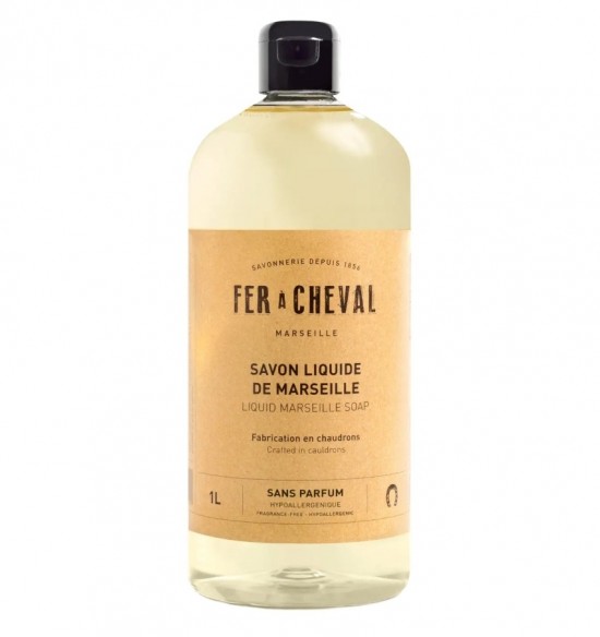 Fer à Cheval vloeibare Marseillezeep zonder parfum in navulverpakking van 1 liter, gemaakt van plantaardige oliën zonder palmolie, geschikt voor handen en lichaam.