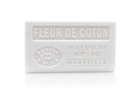 Katoenbloem Franse Zeep 125g van Label Provence Nature, natuurlijke zeep met biologische olijfolie, voor een zachte en gehydrateerde huid.
