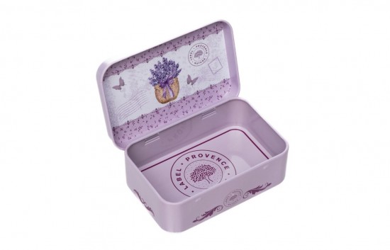 zeepblikje met lila kleurige opdruk van lavendel in vlindermand